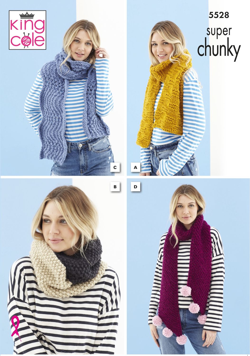4 images of a woman wearing 4 different knitted scarves. 1 blue, 1 mustard, 1 beige and grey and 1 burgundy with pink pompoms.