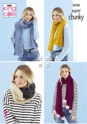 4 images of a woman wearing 4 different knitted scarves. 1 blue, 1 mustard, 1 beige and grey and 1 burgundy with pink pompoms.