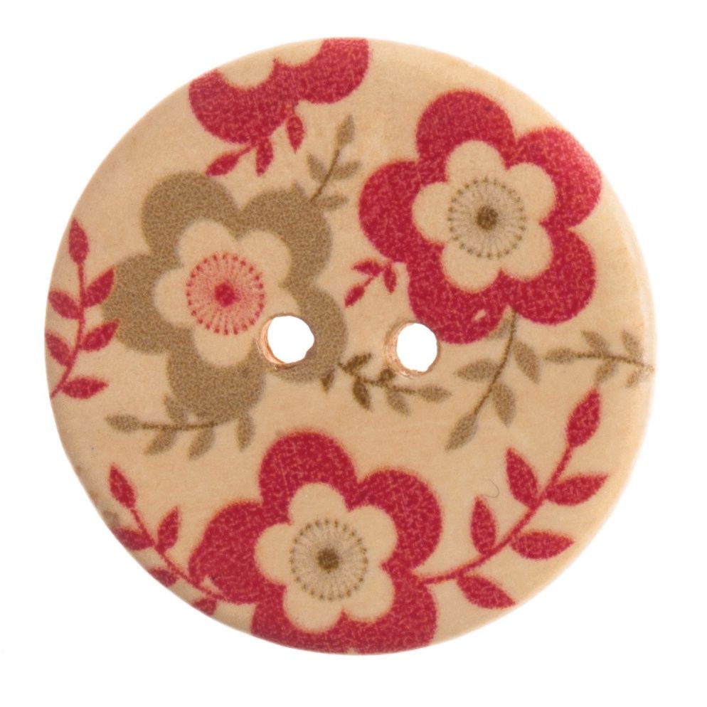 A round wooden button with a colourful printed flower design.