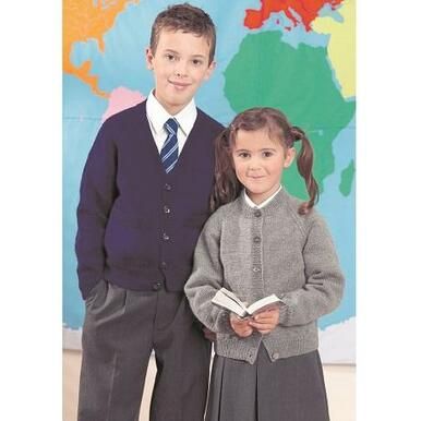 A boy is wearing a navy blue knitted cardigan and a girl is wearing a grey knitted cardigan.