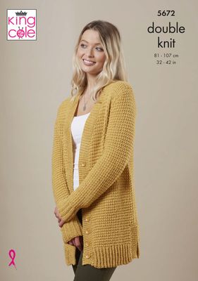 A woman is wearing a mustard knitted textured cardigan.