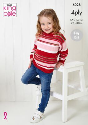 A child is wearing a sweater in shades of red and pink.