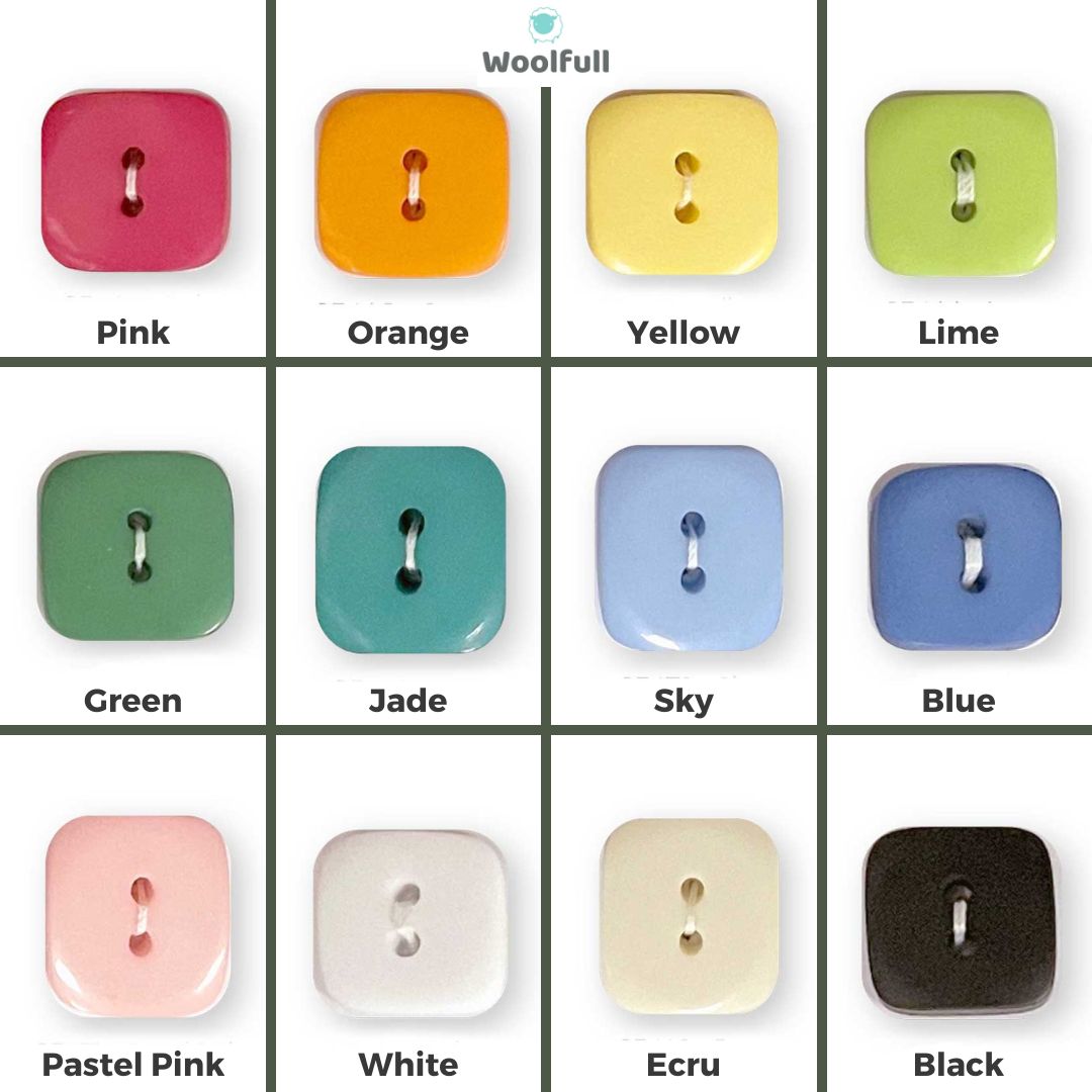A shade card showing the 12 colours of square buttons in pink, orange, yellow, green, blue, white, cream and black.