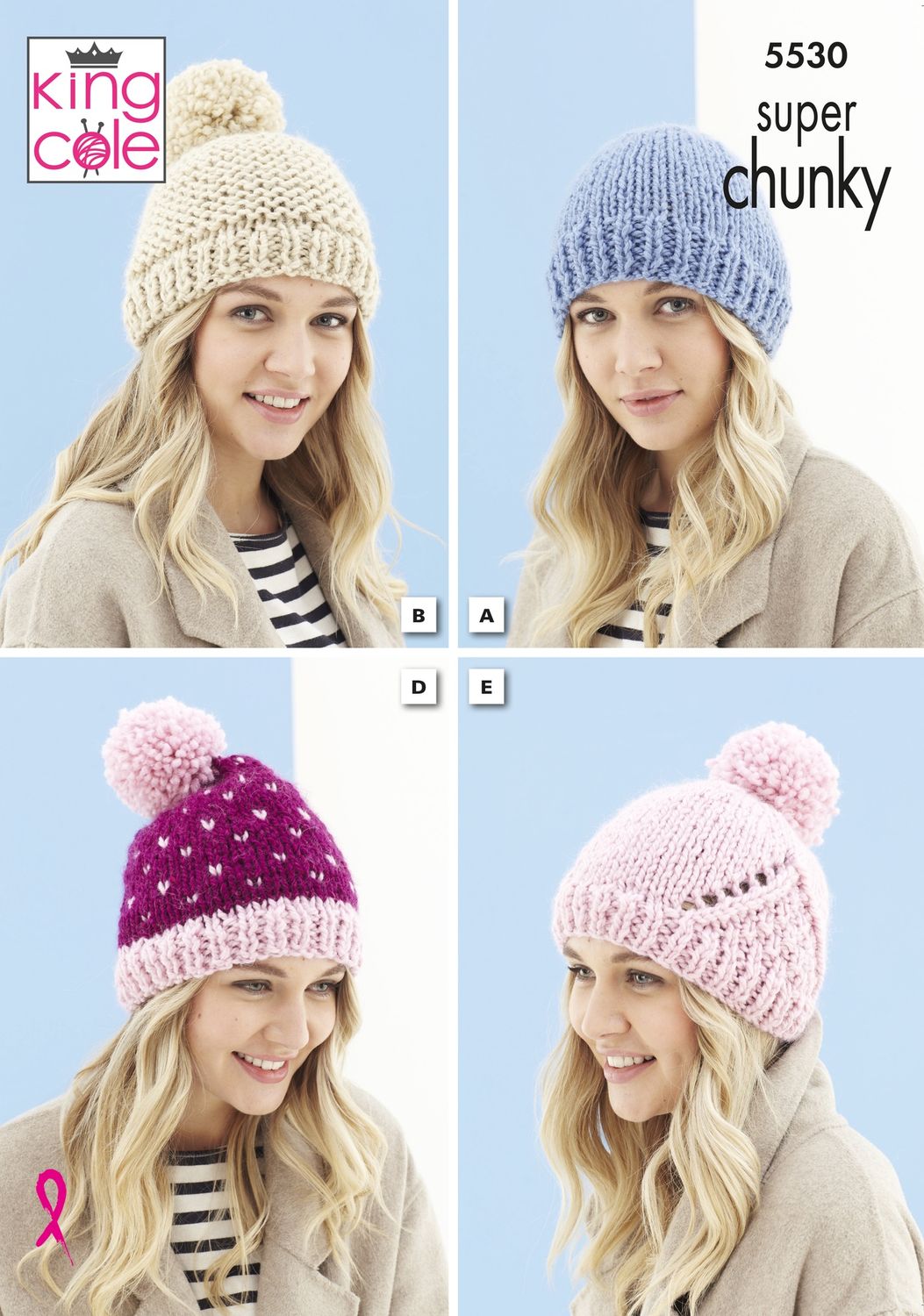 4 images of a woman wearing 4 different knitted hats. 1 oatmeal, 1 blue, 1 light and dark pink and 1 light pink.