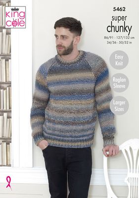 A man is wearing a knitted sweater in a variegated grey and blue yarn.