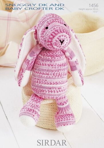 A knitted bunny in a variegated pink yarn.