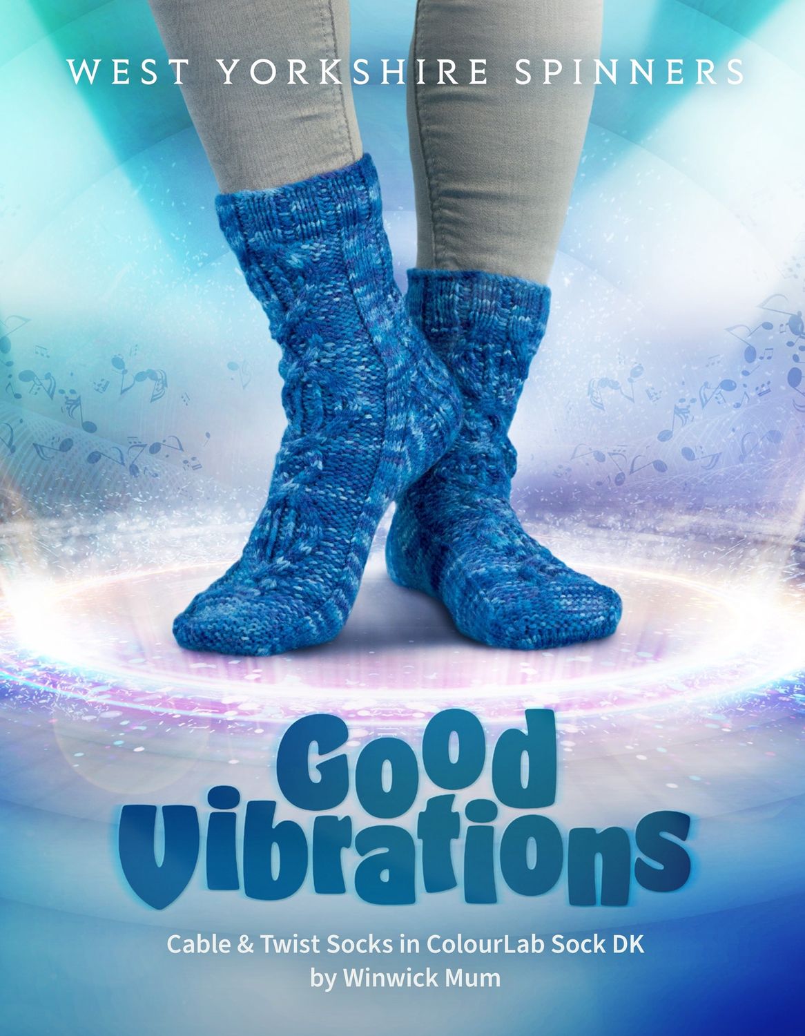 The front cover of the pattern showing someone wearing a pair of knitted socks in a variegated blue yarn on a blue background, and text that reads &#39;Good Vibrations&#39;.