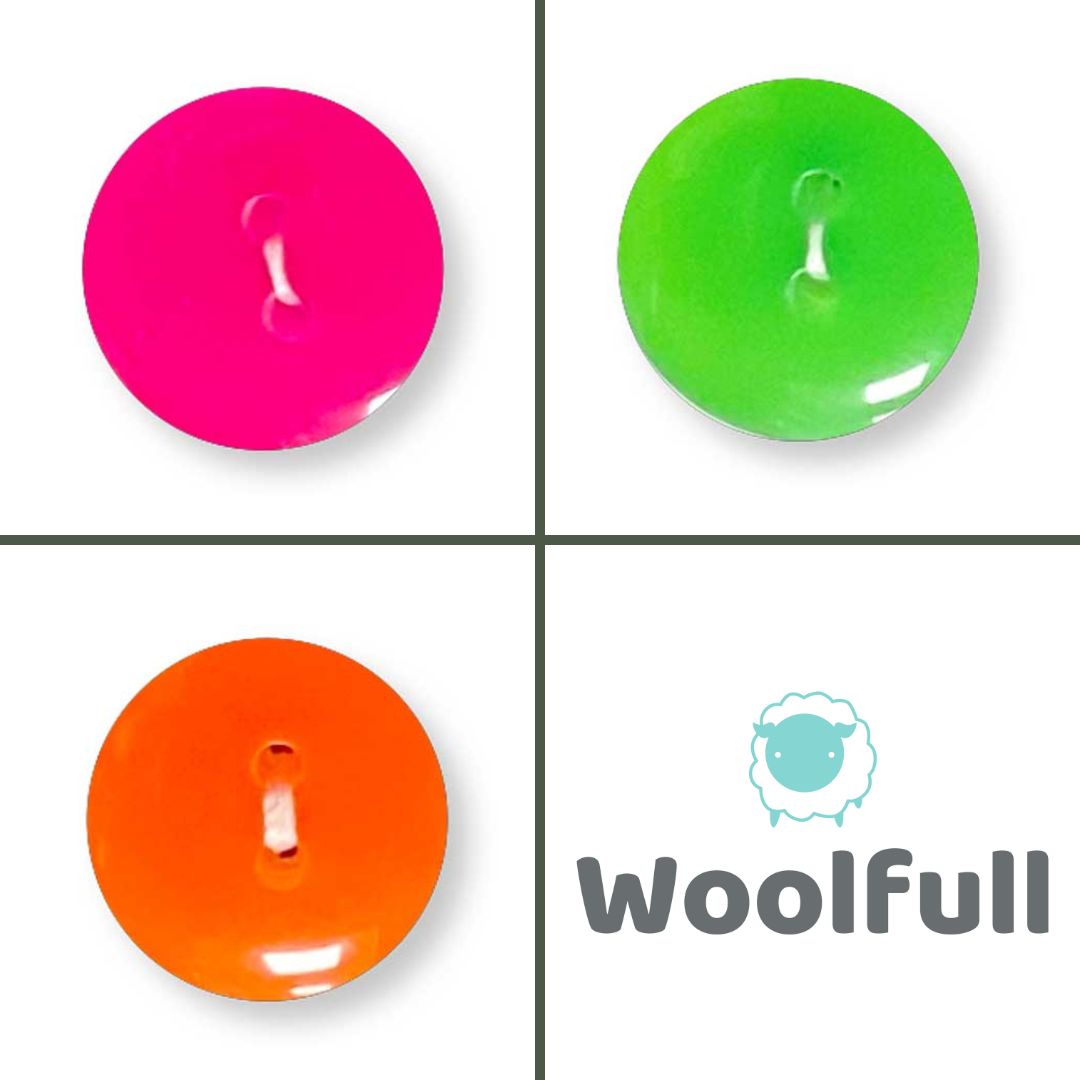 A shade card showing neon buttons in pink, green and orange.
