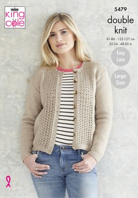 A woman is wearing a beige knitted cardigan with lace detail on the fronts.