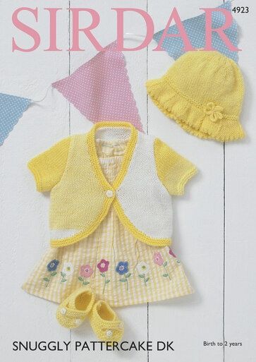 A yellow and white knitted cardigan and a yellow knitted hat.