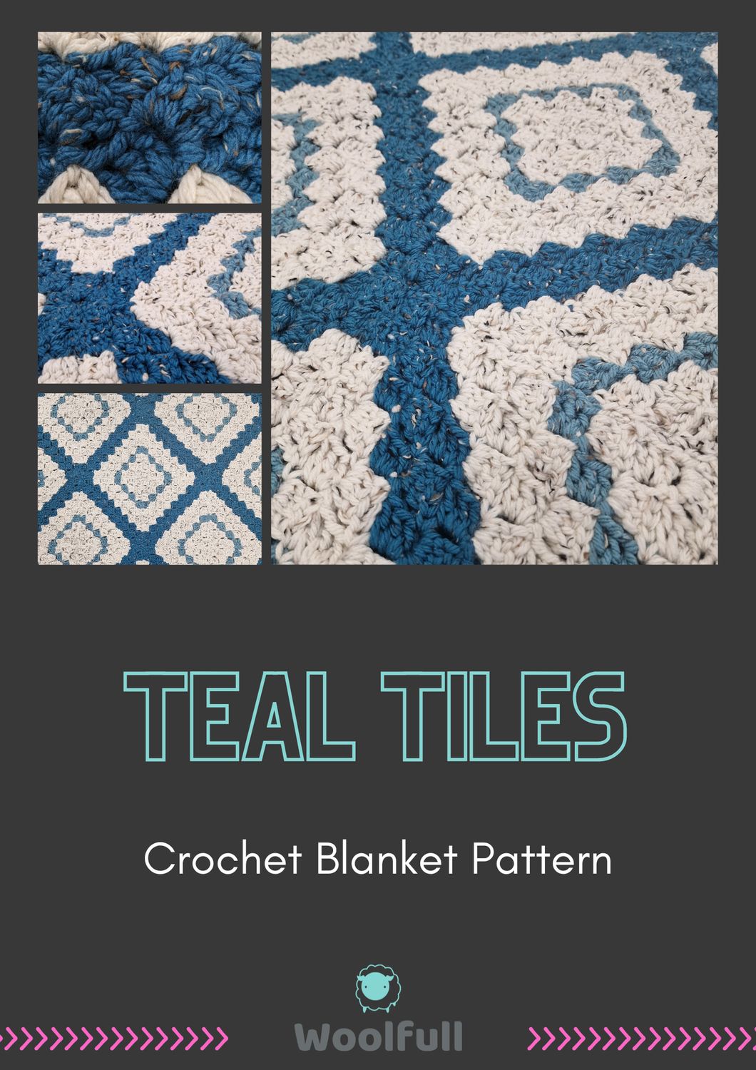 The front cover of the pattern. The background is black, with four photos of the blanket and the title below.