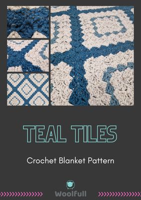 The front cover of the pattern. The background is black, with four photos of the blanket and the title below.