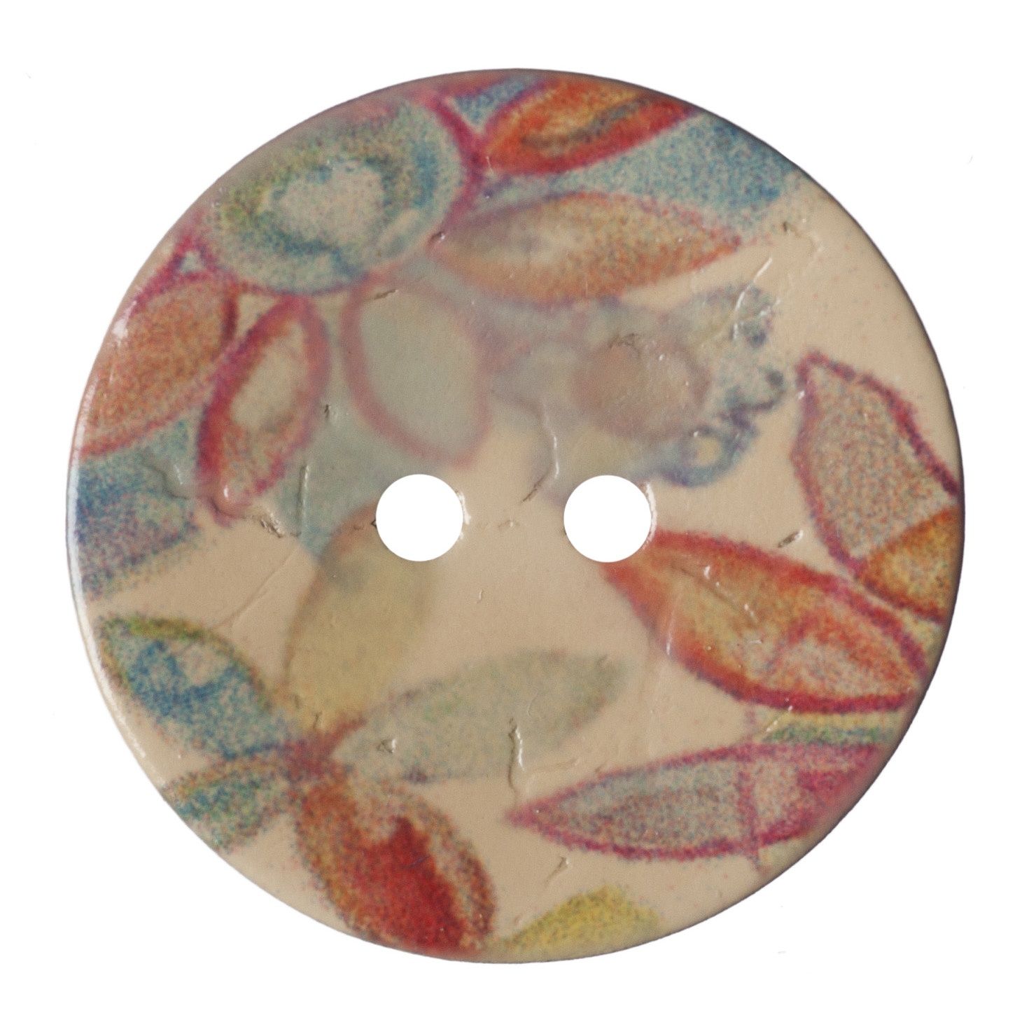 A round wooden button with a colourful printed flower design.