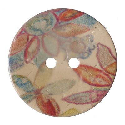 A round wooden button with a colourful printed flower design.