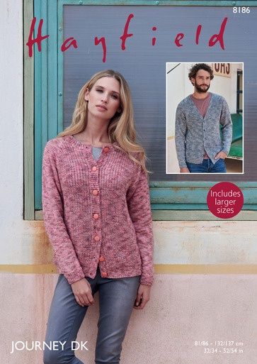 A woman is wearing a pink knitted cardigan.
