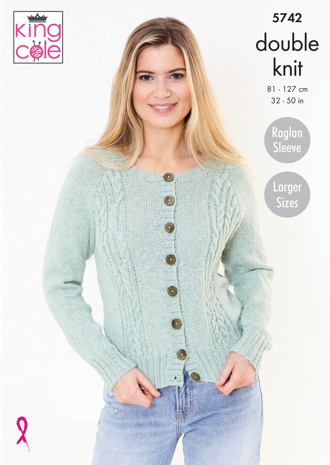 A woman is wearing a mint green knitted cardigan with cable down the front.