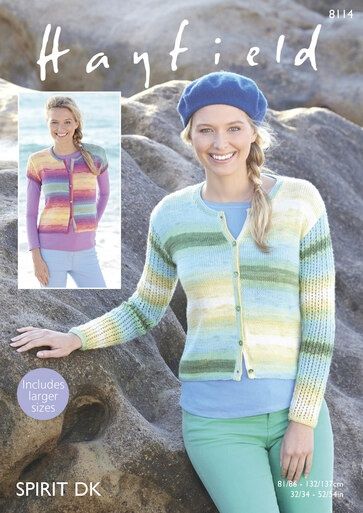A woman is wearing a knitted cardigan in shades of yellow, blue, green and cream.