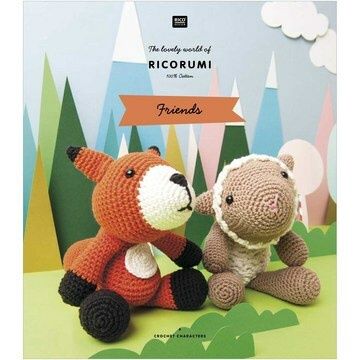 The front cover of a pattern book, featuring a crocheted fox and sheep.