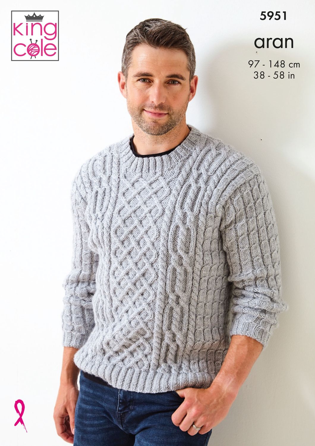 A man is wearing a knitted sweater in silver.
