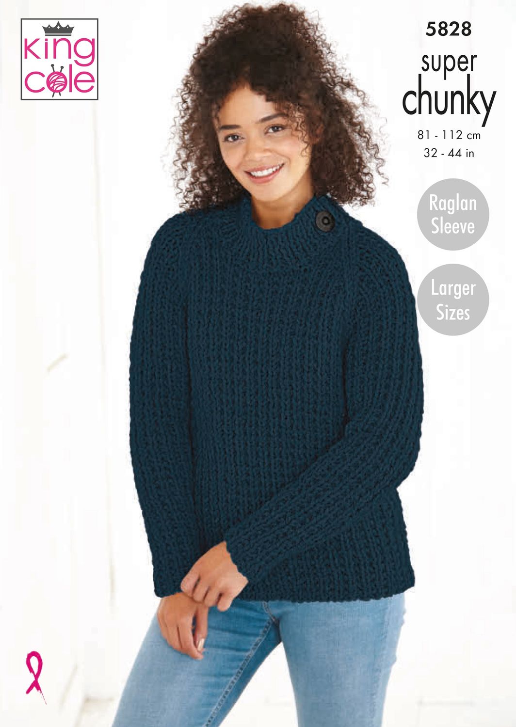 A woman is wearing a knitted sweater in navy blue.