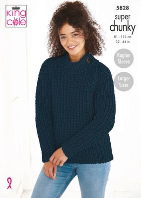 A woman is wearing a knitted sweater in navy blue.