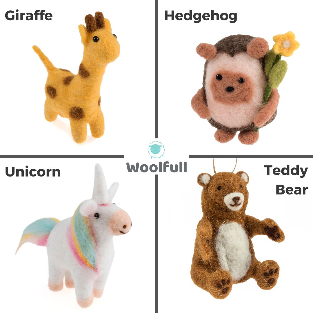 Giraffe, hedgehog, unicorn and bear needle felted decorations.