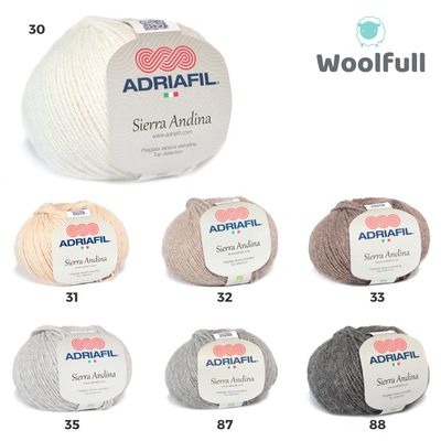 A shade card showing 7 colours of Sierra Andina, in shades of cream, brown and grey.