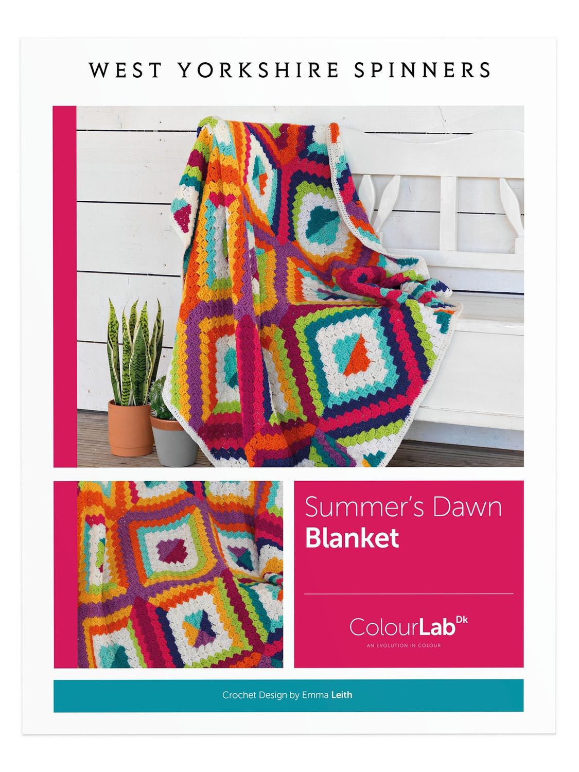 The front cover of the pattern showing the crocheted blanket in white, orange, yellow, green, teal, blue, purple and pink along with the title of the pattern.