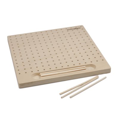 A square, wooden blocking board with 12 wooden pegs.