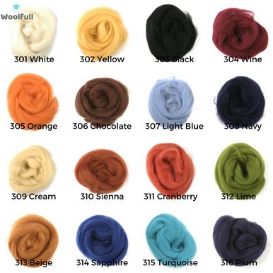 A shade card showing 16 colours of the roving.