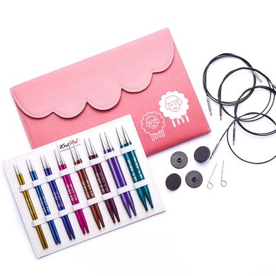 The pink fabric case with all the needles, cables and accessories.