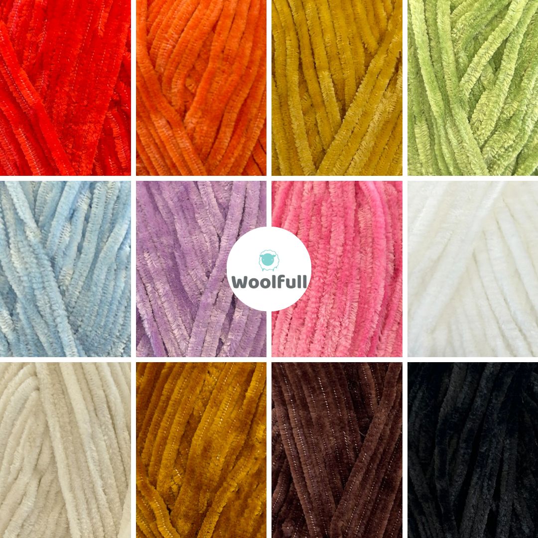 A shade card showing the 12 shades of Stylecraft Squeeze Me DK.