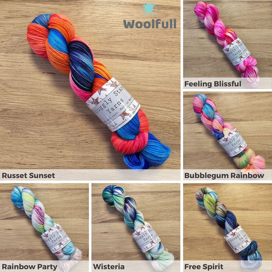 A shade card showing 7 variegated shades of hand dyed sock yarn.