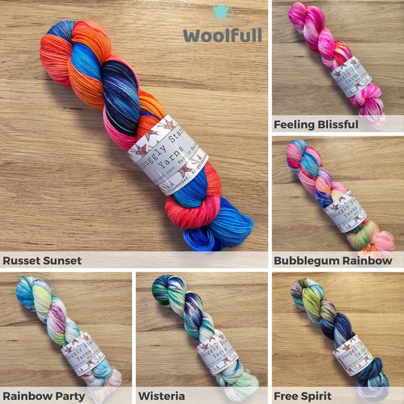 A shade card showing 7 variegated shades of hand dyed sock yarn.