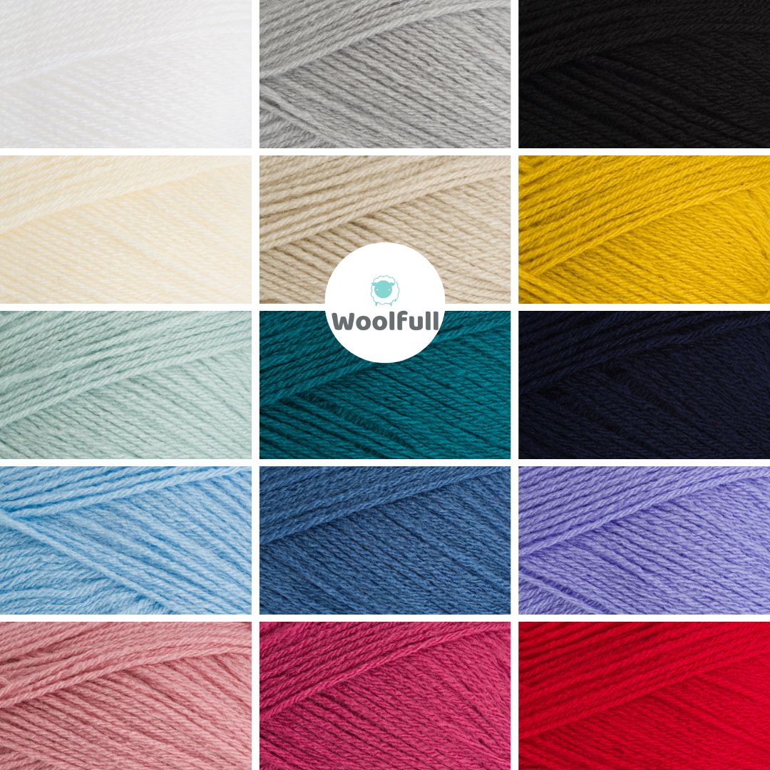 A shade card showing the 15 shades of Stylecraft Special 4ply.