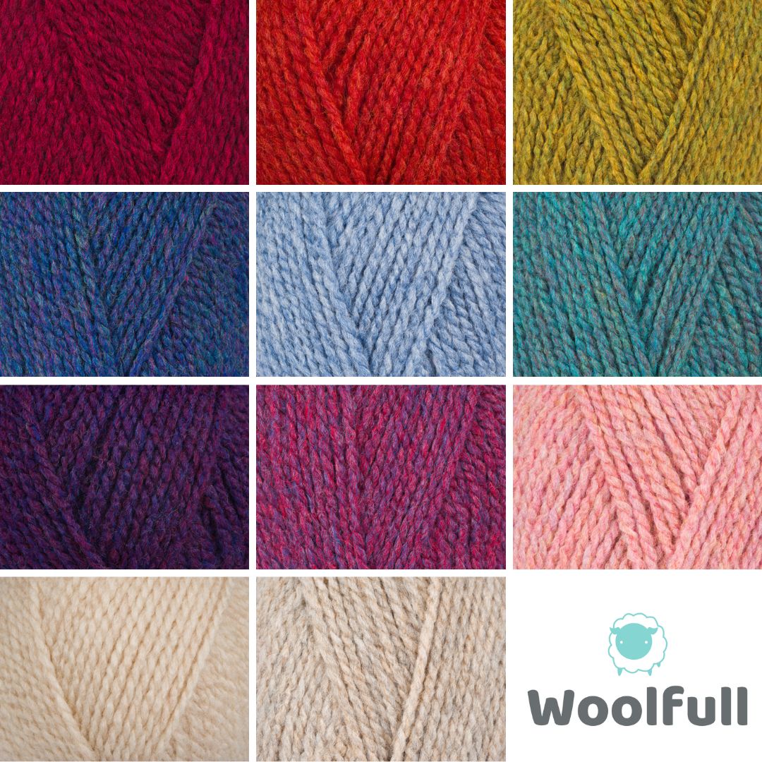 A shade card showing all 11 shades of Stylecraft Highland Heathers Aran.