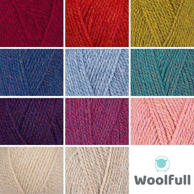 A shade card showing all 11 shades of Stylecraft Highland Heathers Aran.