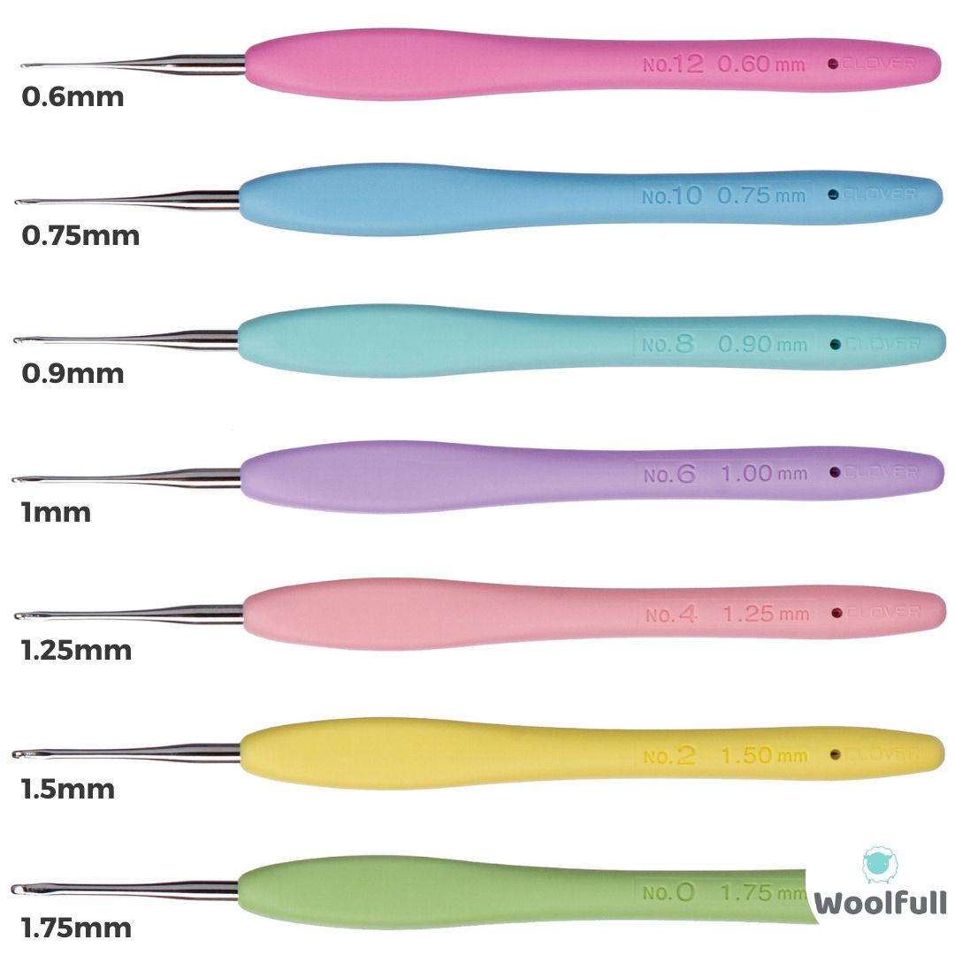 All of the available hooks, with each size being a different colour.