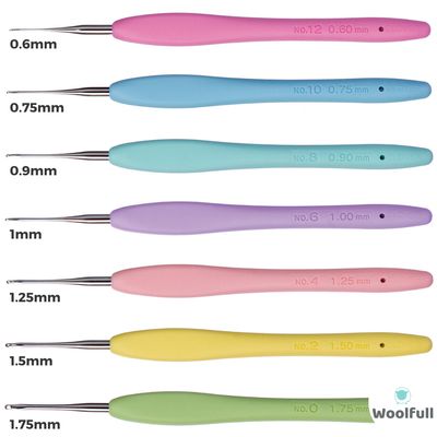 All of the available hooks, with each size being a different colour.