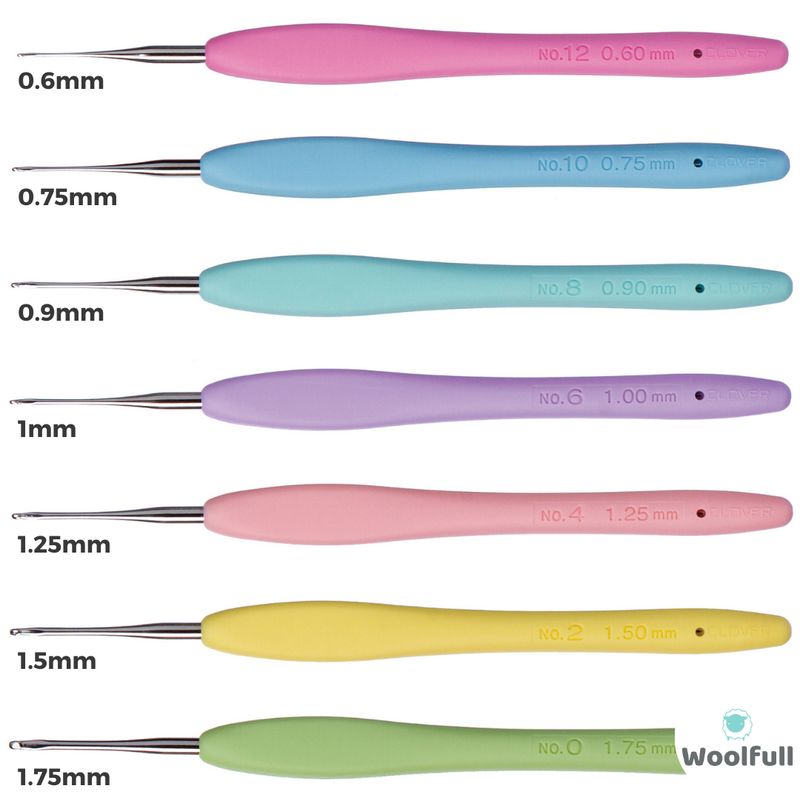 All of the available hooks, with each size being a different colour.