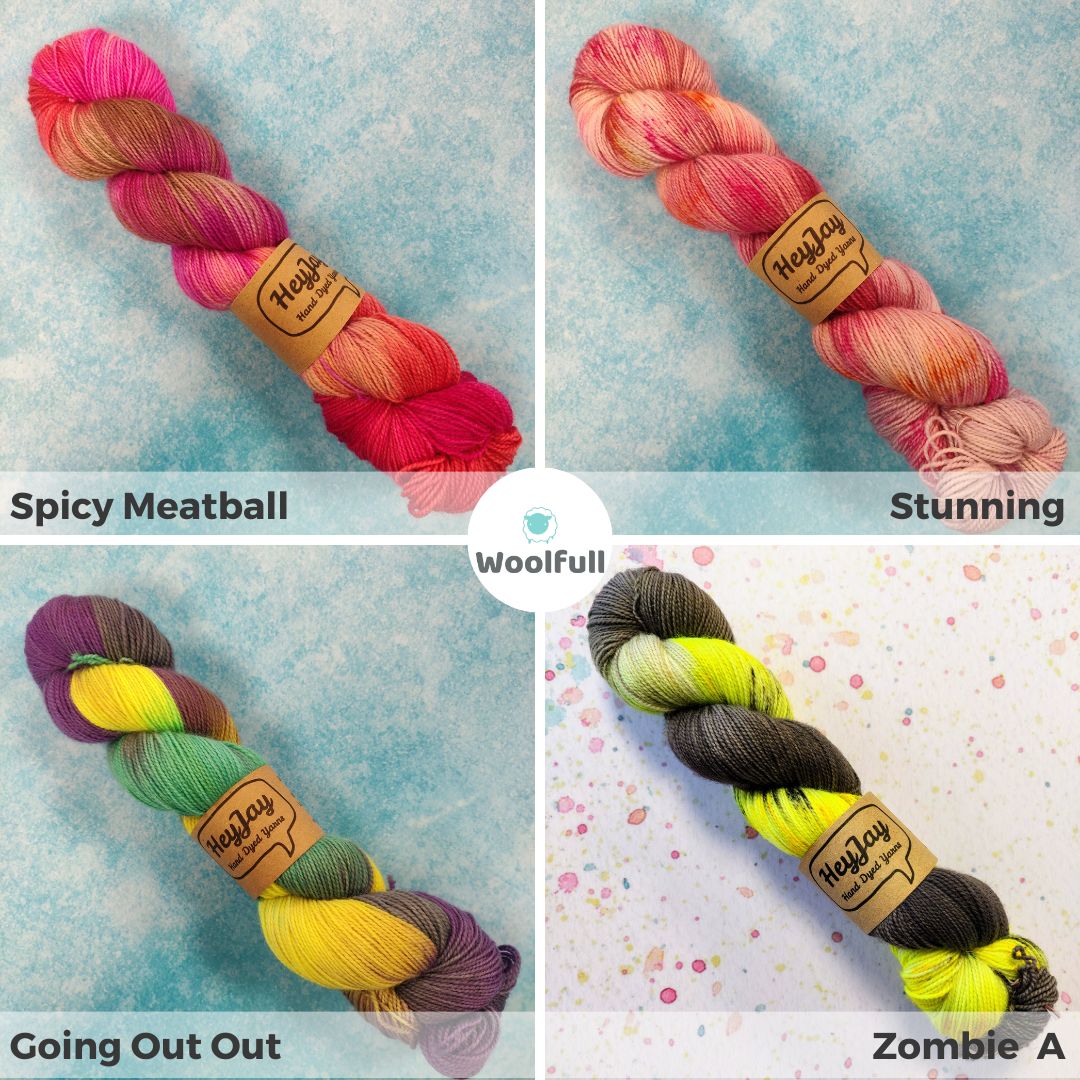 A shade card showing the 4 variegated colourways, in shades of pinks, purple, yellow, green and brown.