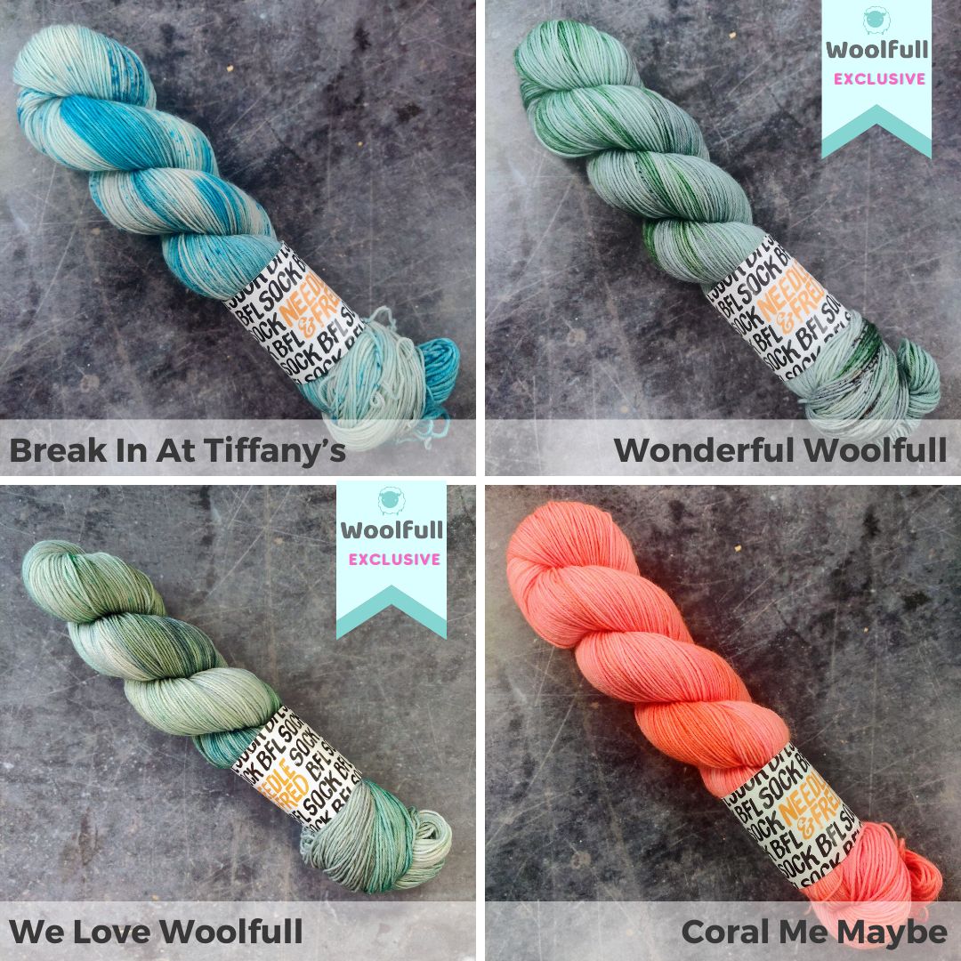 A shade card showing the 4 colourways, in shades of blue, green, grey and coral.