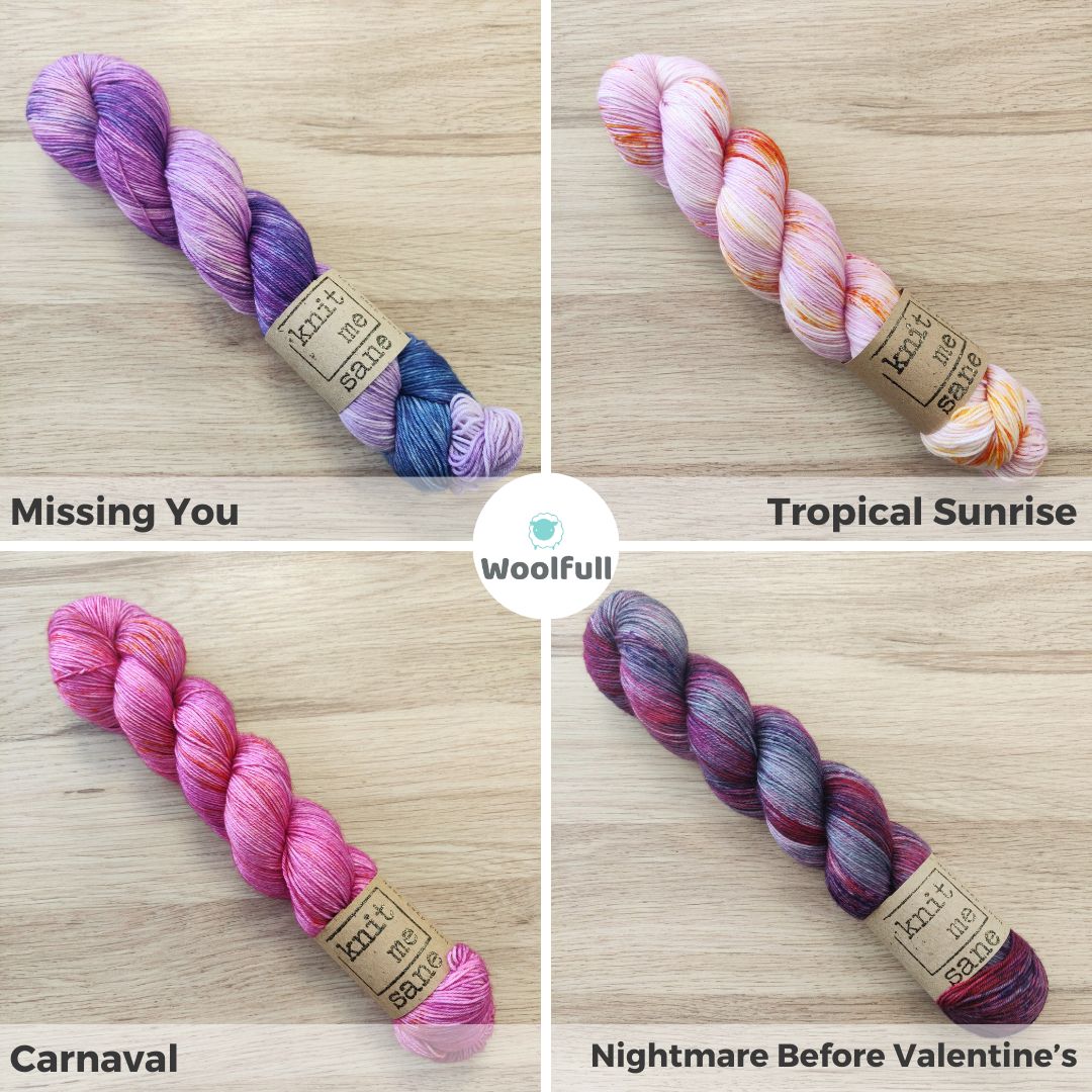 A shade card showing the 4 colourways, in shades of purple and pink.