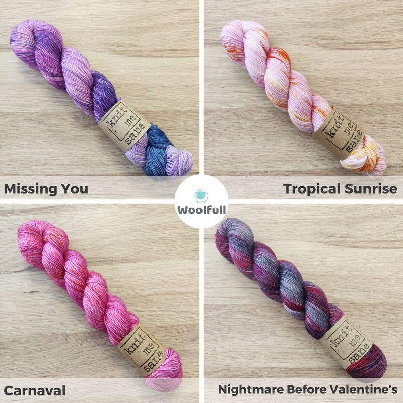 A shade card showing the 4 colourways, in shades of purple and pink.