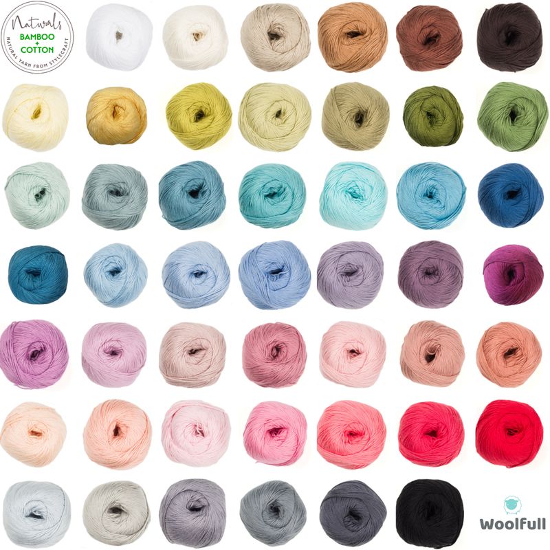 A shade card showing all 47 colours of Bamboo + Cotton DK.