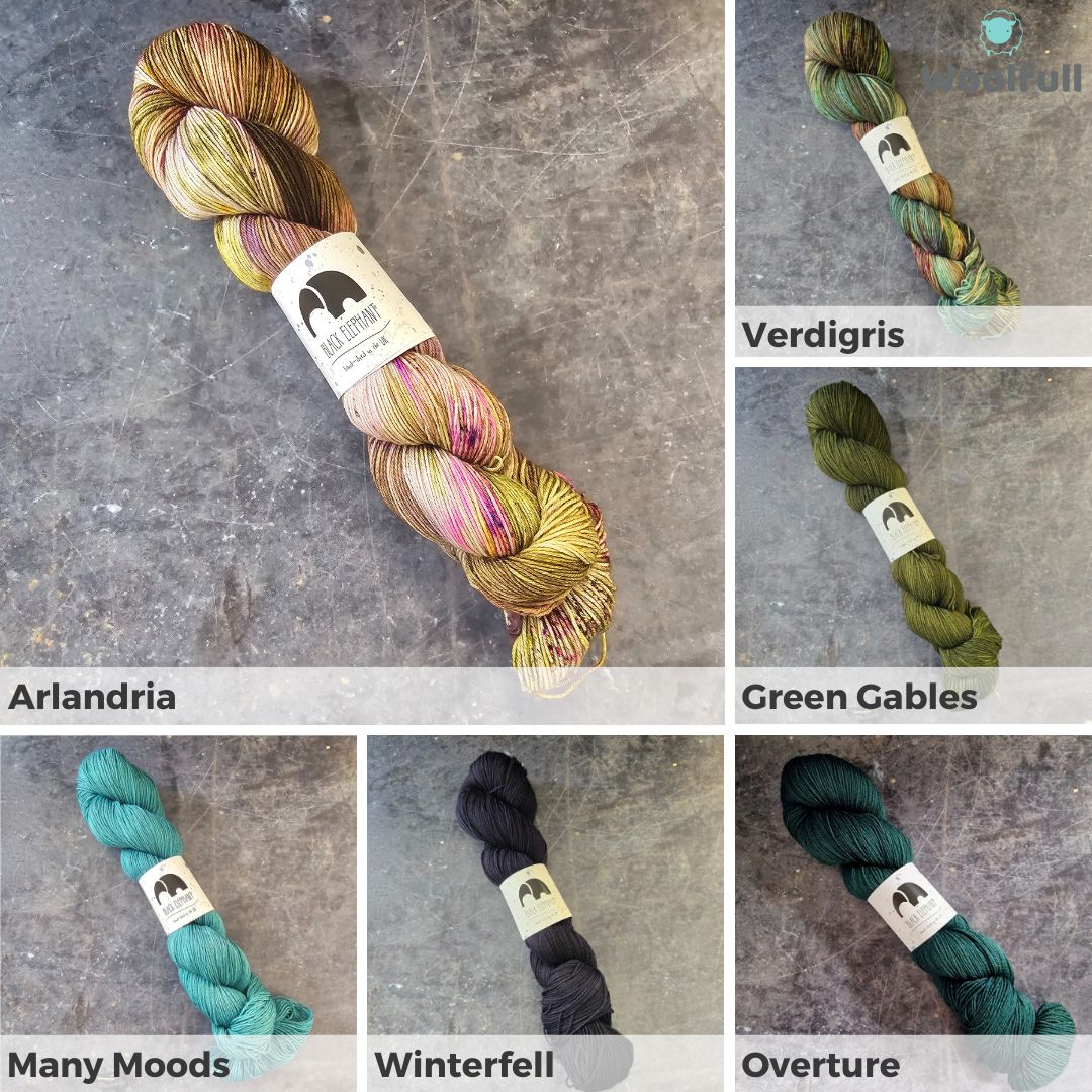 A shade card showing 6 of the available colourways, in shades of green, teal and blue.