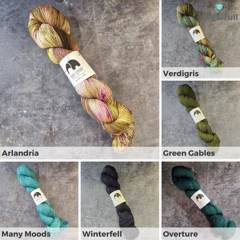 A shade card showing 6 of the available colourways, in shades of green, teal and blue.