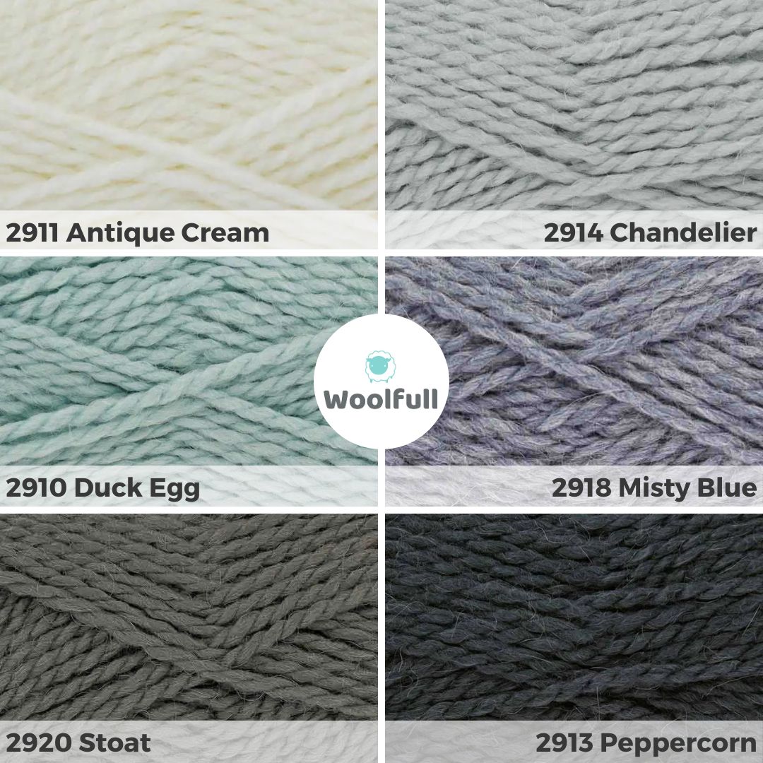 A shade card showing the 6 colours, in cream, silver, duck egg, blue, mid grey and dark grey.
