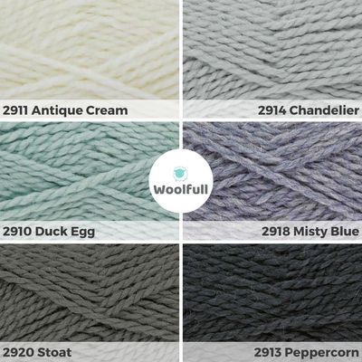 A shade card showing the 6 colours, in cream, silver, duck egg, blue, mid grey and dark grey.