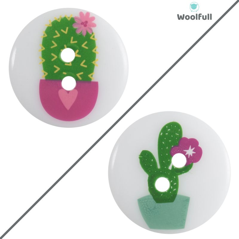 2 white buttons, each with a pink and green cactus design.